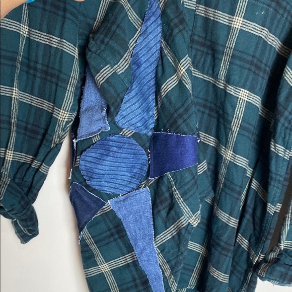 Handcrafted Sewn Green Flannel Denim Sun Print Unique Shirt Size M - Picture 6 of 7